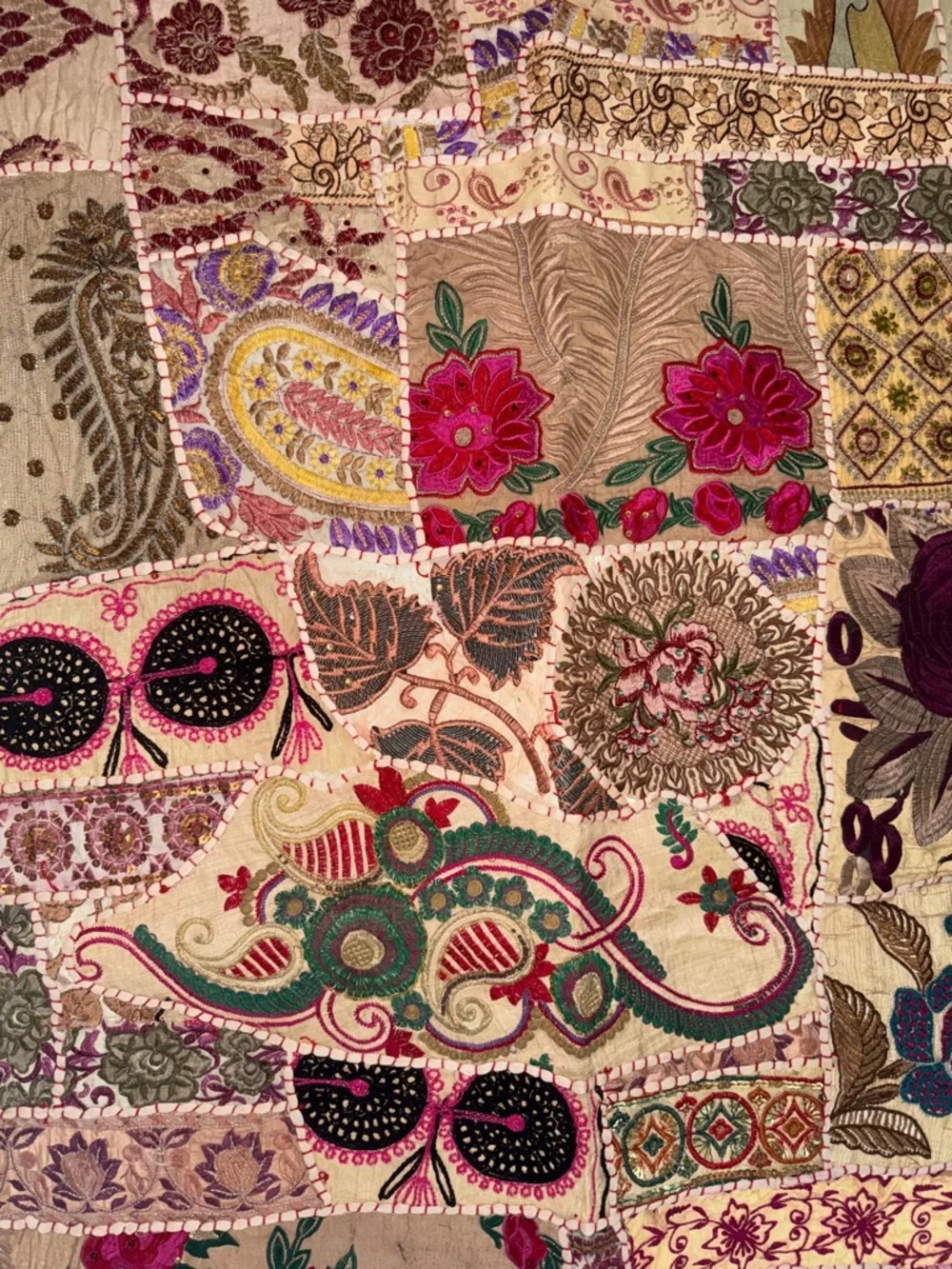 Handmade Vintage Pakistani Tribal Bridal Tapestry in Beautiful Creams & Pinks
